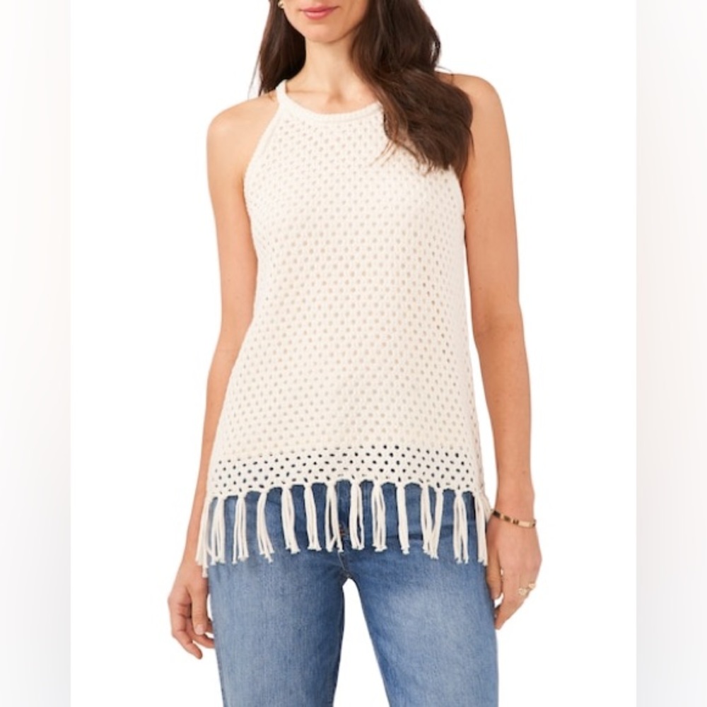 Vince Camuto Open Knit Fringe Hem Halter Top